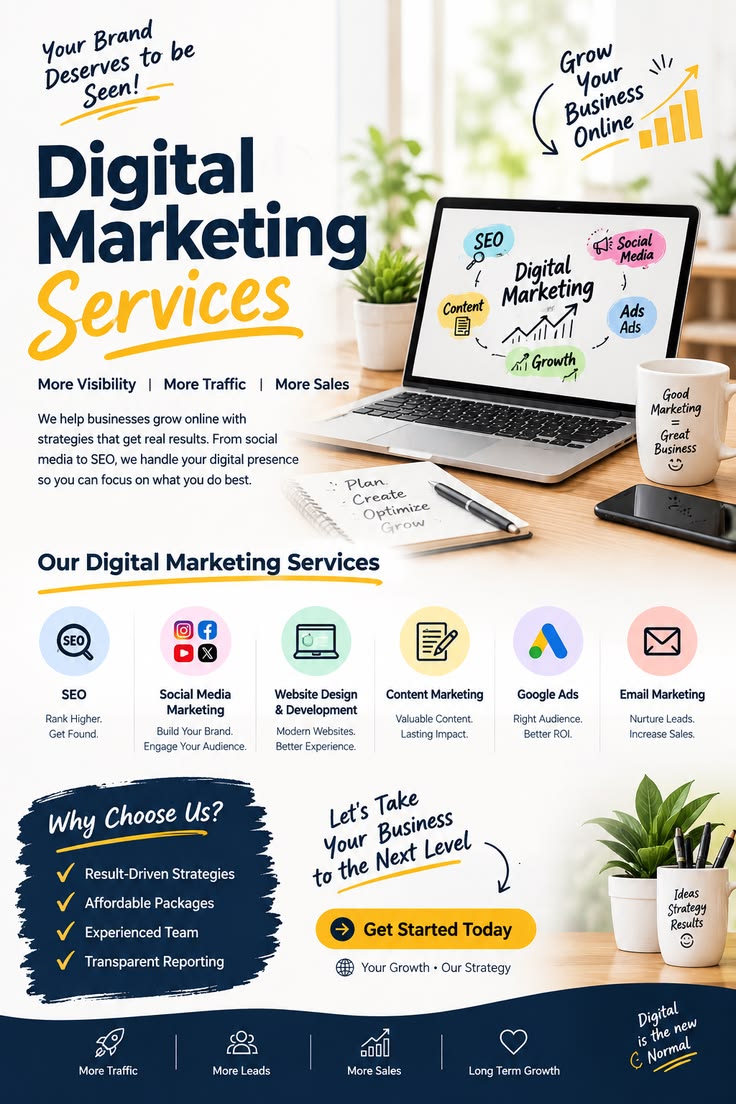 Digital marketing services: SEO, social media, website design, content, Google Ads and email marketing