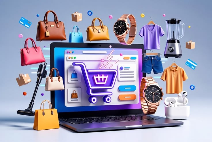 Online store on a laptop with products, bags, watches and clothes
