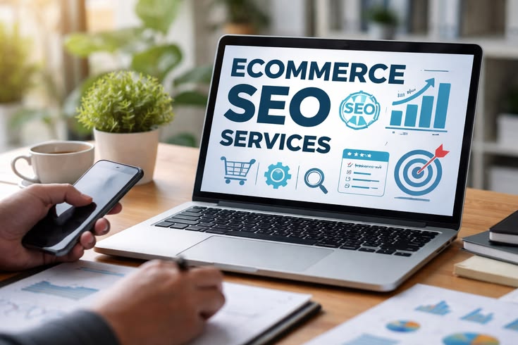 Ecommerce SEO services on a laptop screen with a cart, rising chart and target
