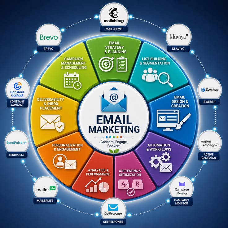 Email marketing wheel: strategy, list building, design, automation, A/B testing, analytics and deliverability