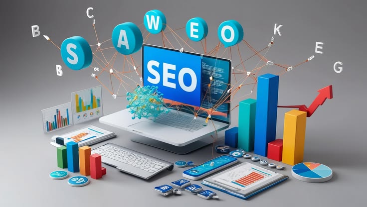 Enterprise SEO: laptop with SEO on screen, floating letters and rising bar charts