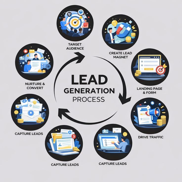 Lead generation process: target audience, lead magnet, landing page, traffic, capture, nurture and convert