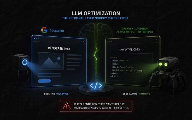 LLM optimization: Googlebot sees the rendered page while AI crawlers read raw HTML only