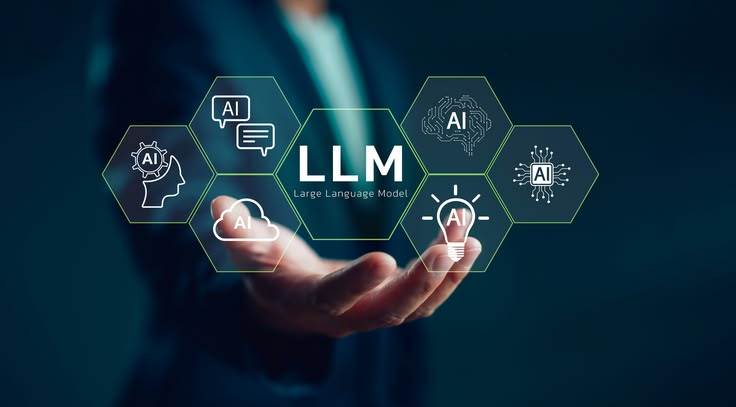 LLM, Large Language Model: AI icons in hexagons above an open hand