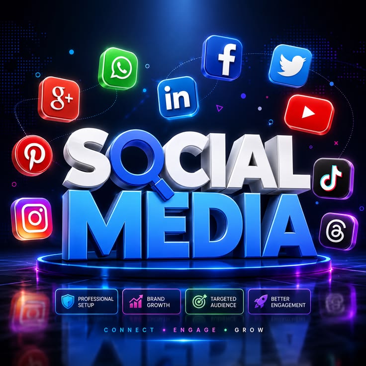 Social media icons around the words Social Media: connect, engage, grow